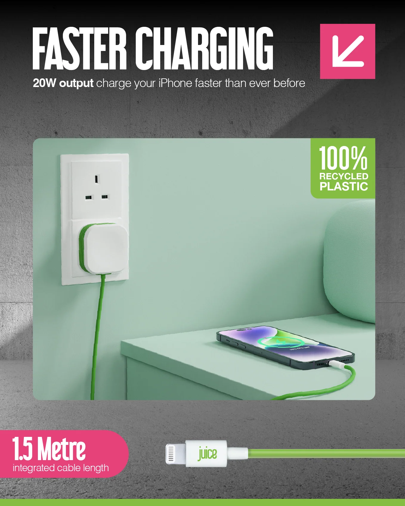 Juice 20W Apple Lightning Mains Charger with 1.5 metre Integrated Cable - Image 4