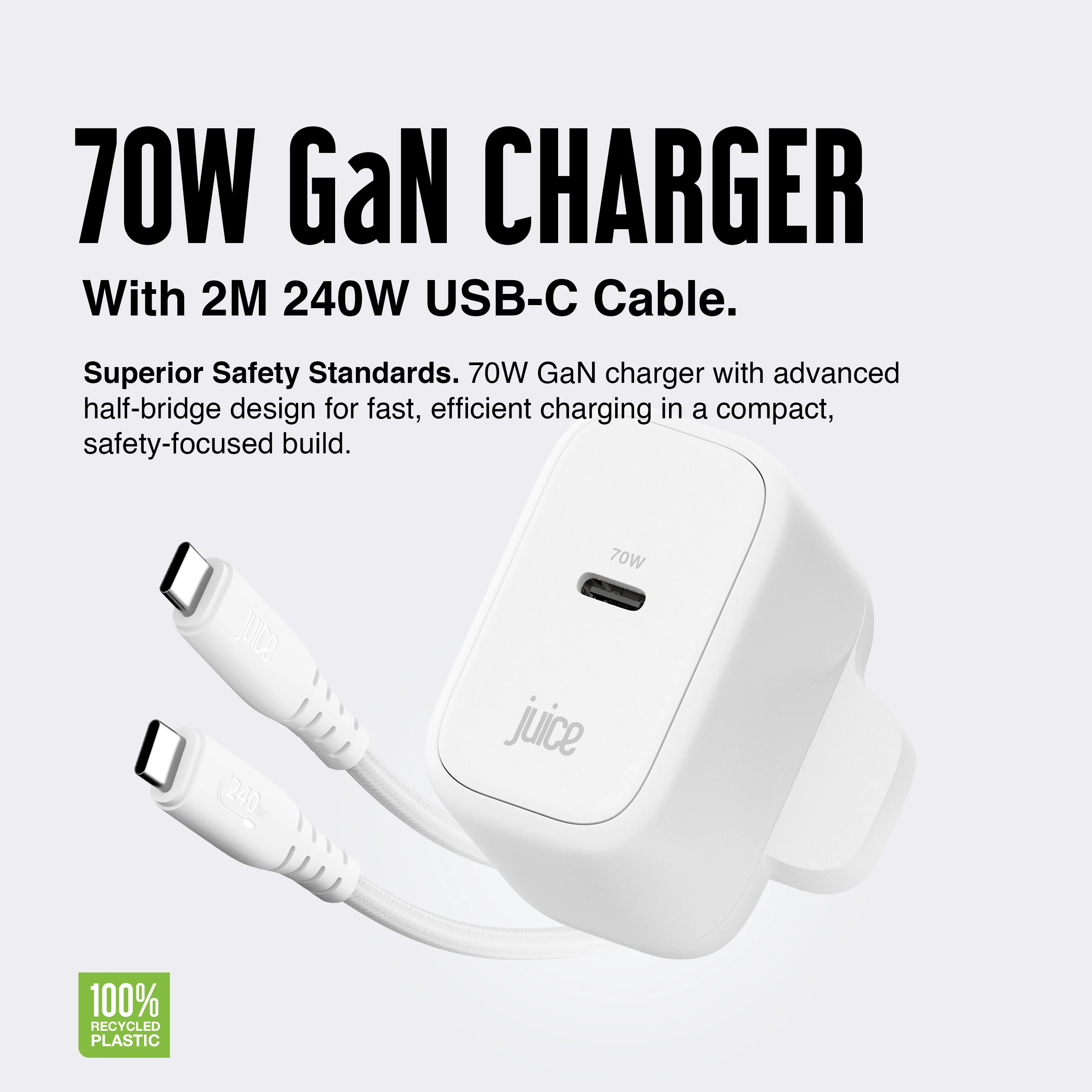 Juice 70W USB-C Fast Charger Plug with 2m Cable – GaN Power for MacBook, Laptop & Phone - Image 4