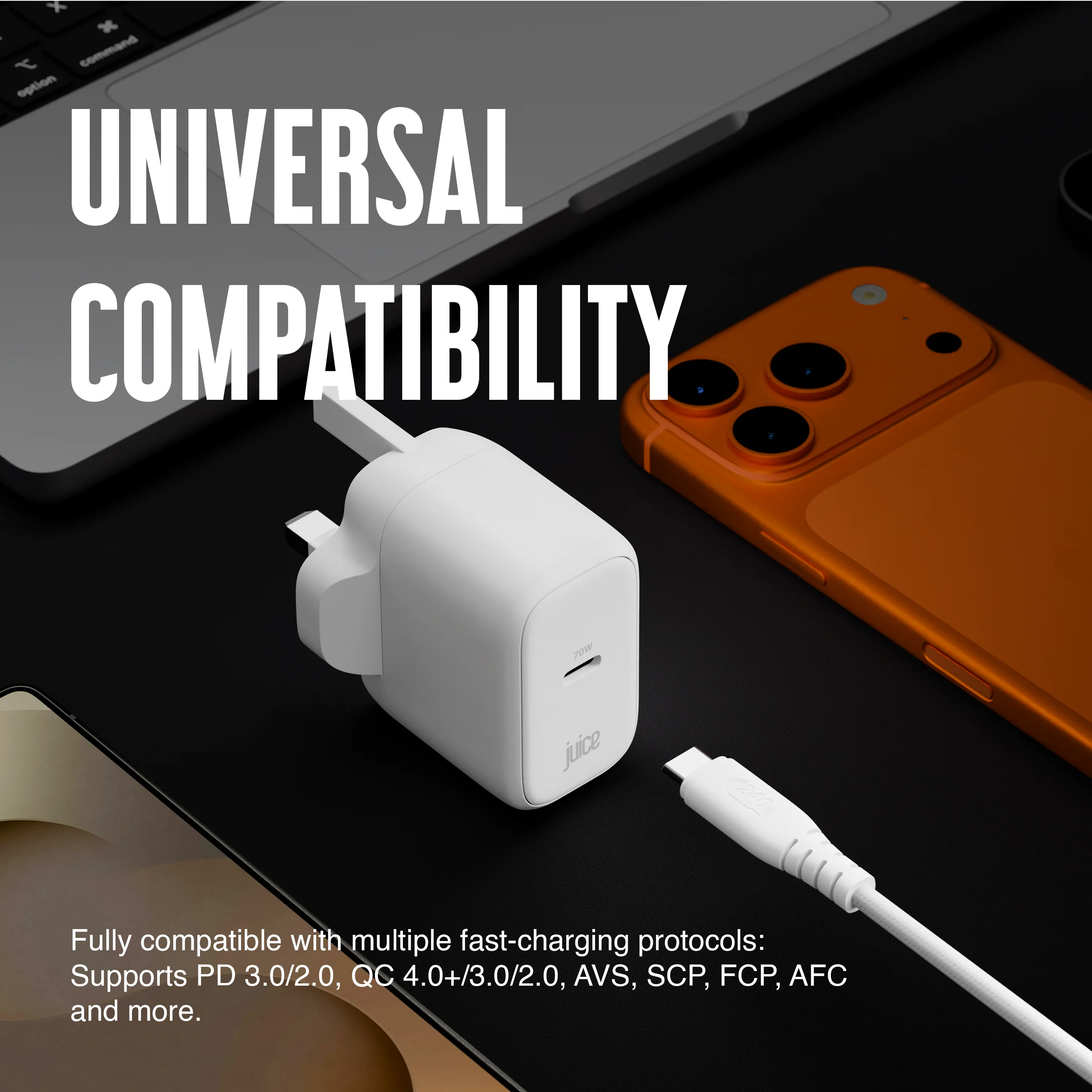 Juice 70W USB-C Fast Charger Plug with 2m Cable – GaN Power for MacBook, Laptop & Phone - Image 5