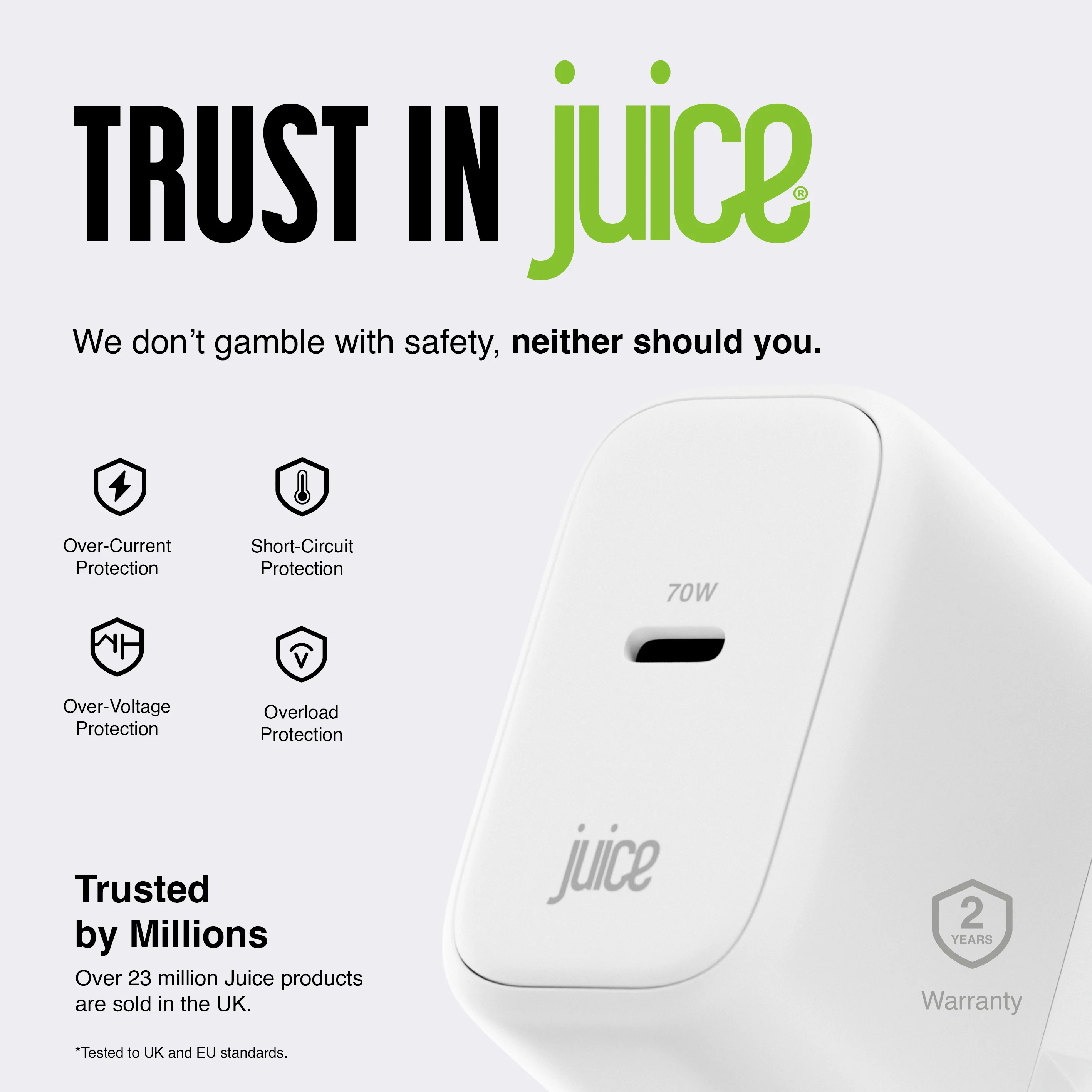 Juice 70W USB-C Fast Charger Plug with 2m Cable – GaN Power for MacBook, Laptop & Phone - Image 7